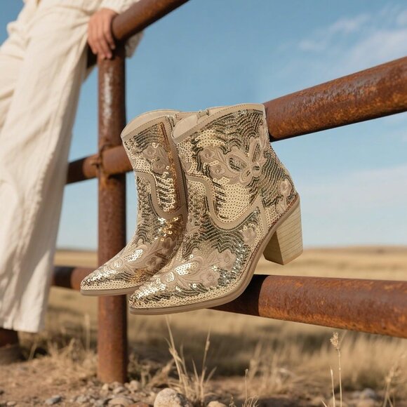 Women's Gold Western Low Cowgirl Boots With Zipper Short Pointed Toe Booties - Picture 6 of 7